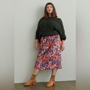 Anthropologie Maeve Tilda Pleated Velvet Floral Midi Skirt Pink Coral - 2X